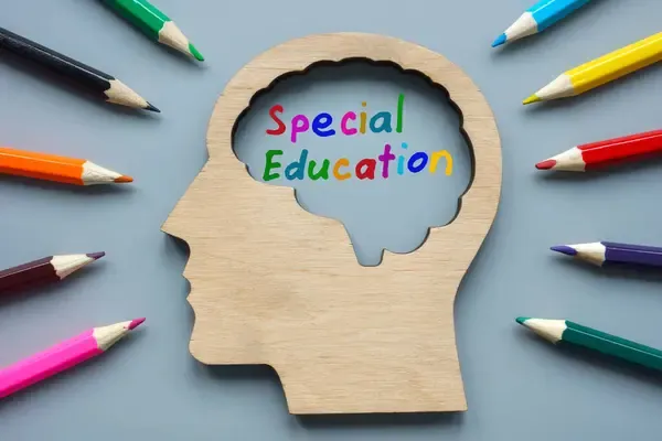 A wooden head shape with Special Education written inside, surrounded by coloured pencils